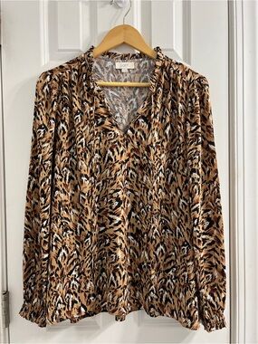 LOFT Animal-Print Long Sleeve Blouse in Tan and Black-Medium